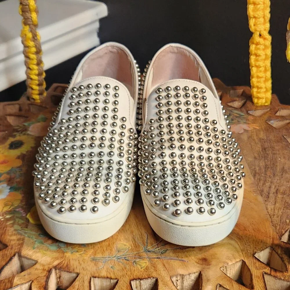 Michael Kors White Leather Slip-On Sneakers with Silver Studs